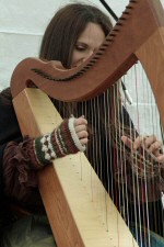 Harpist playing at a festival.